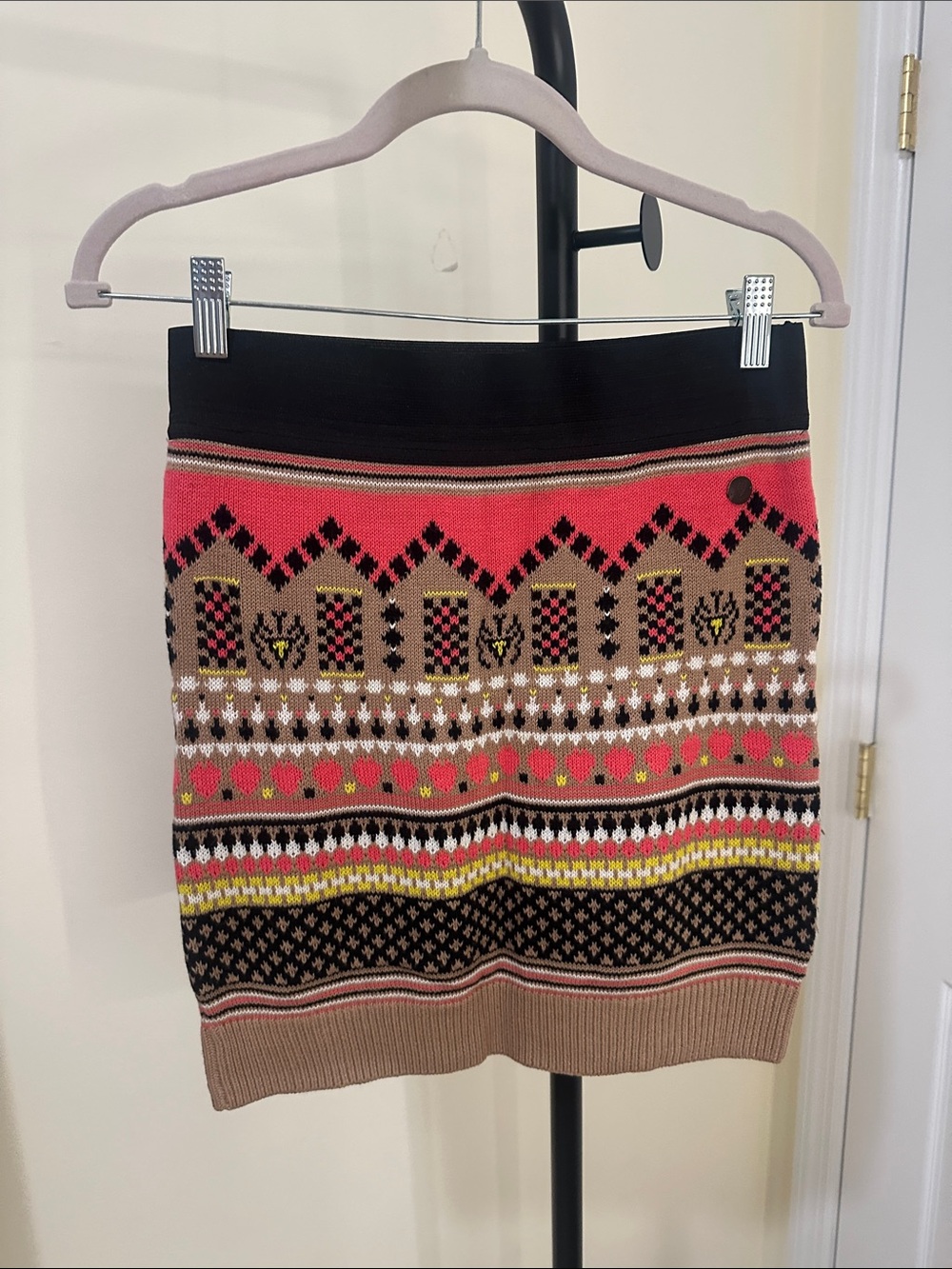 Fair Isle Knit Mini Skirt in Coral, Tan & Black